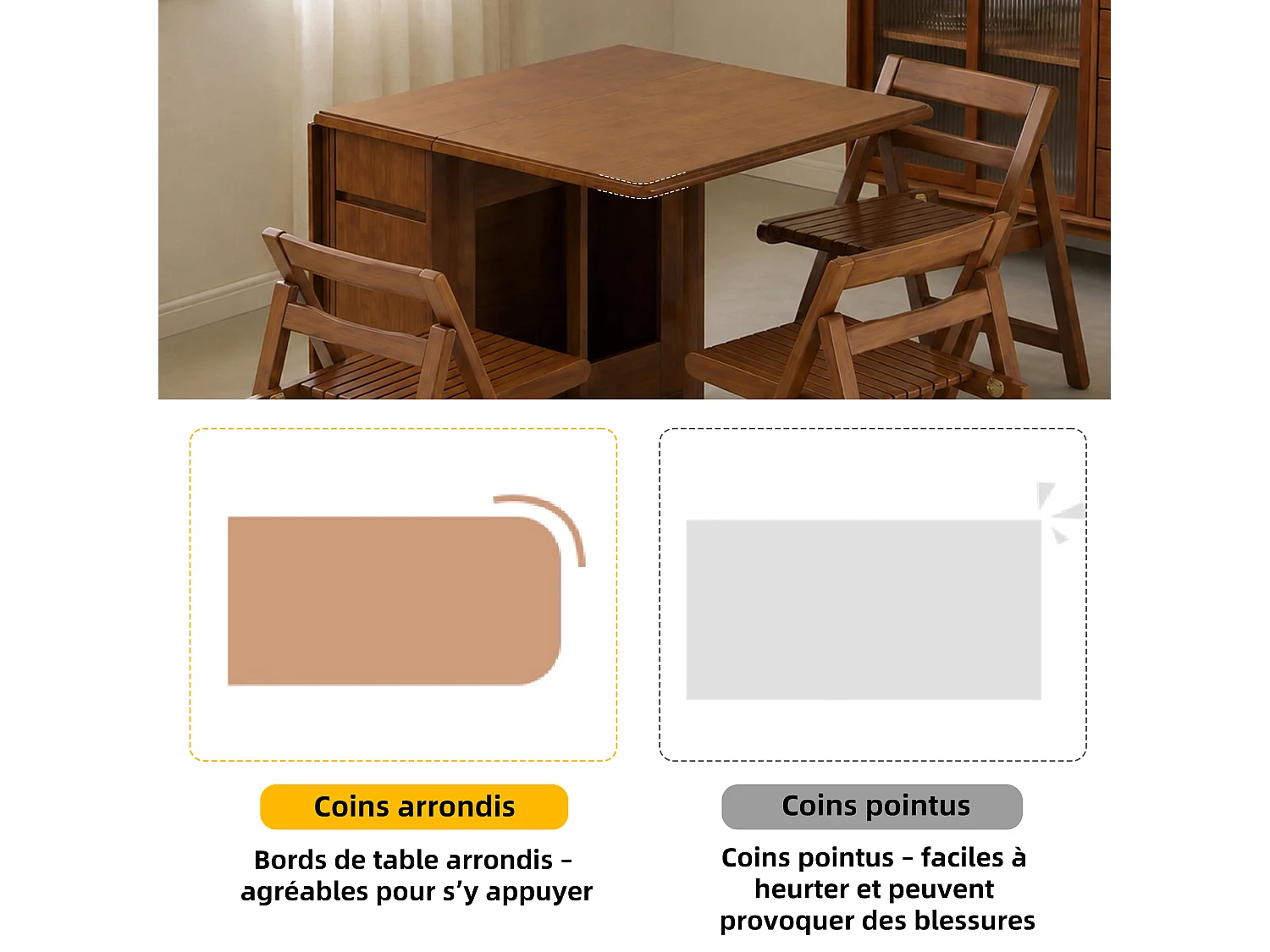 Table de cuisine extensible en bois 150 cm, avec 4 chaises pliantes, avec espace de rangement et roulettes pivotantes à 360°, pour 2 à 6 personnes,  noyer