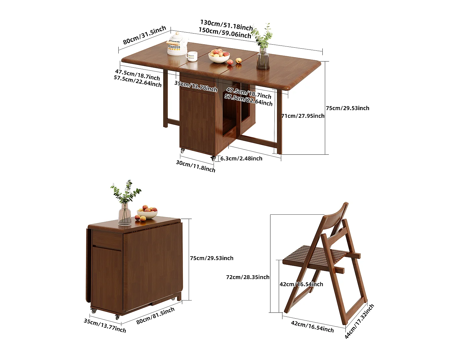 Table de cuisine 130 cm extensible en bois avec 4 chaises pliantes, avec espace de rangement et roulettes pivotantes à 360°, pour 2 à 6 personnes, noyer