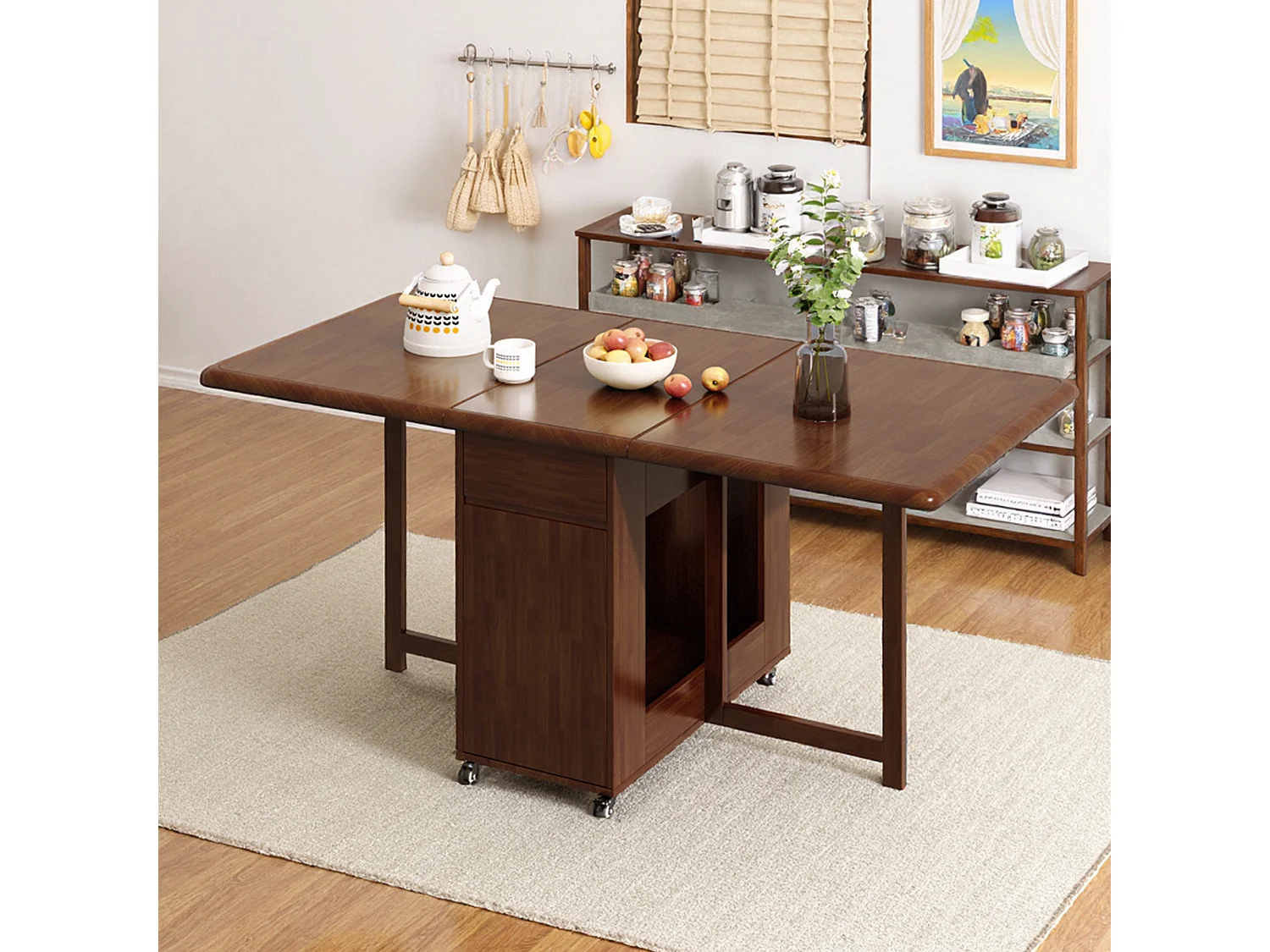 Table de cuisine 130 cm extensible en bois avec 4 chaises pliantes, avec espace de rangement et roulettes pivotantes à 360°, pour 2 à 6 personnes, noyer