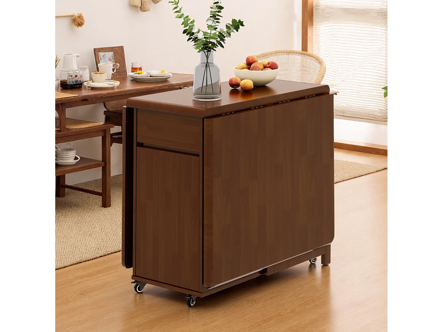 Table de cuisine 130 cm extensible en bois avec 4 chaises pliantes, avec espace de rangement et roulettes pivotantes à 360°, pour 2 à 6 personnes, noyer