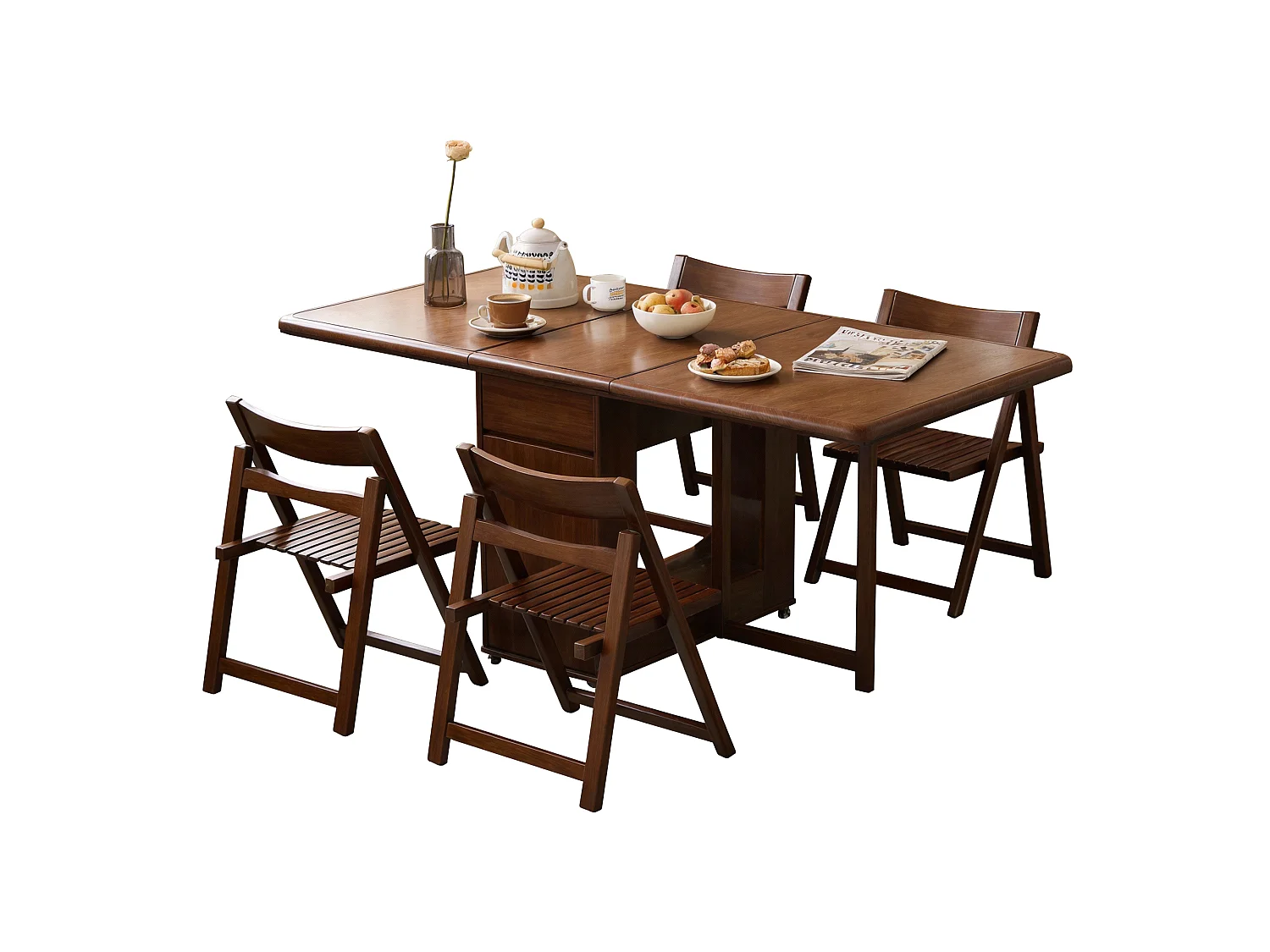 Table de cuisine 130 cm extensible en bois avec 4 chaises pliantes, avec espace de rangement et roulettes pivotantes à 360°, pour 2 à 6 personnes, noyer