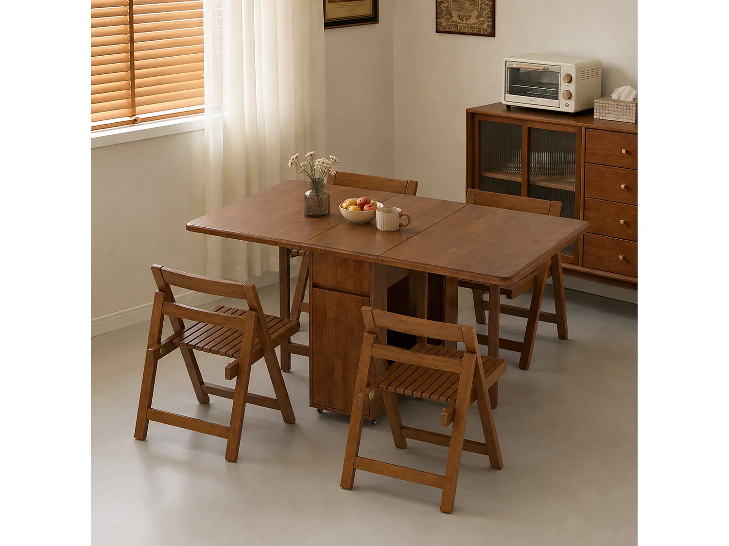 Uitschuifbare, ruimtebesparende houten keukentafel 130 cm met opbergruimte en 360° wielen, voor 2–6 personen, notenkleur, incl. 4 klapstoelen