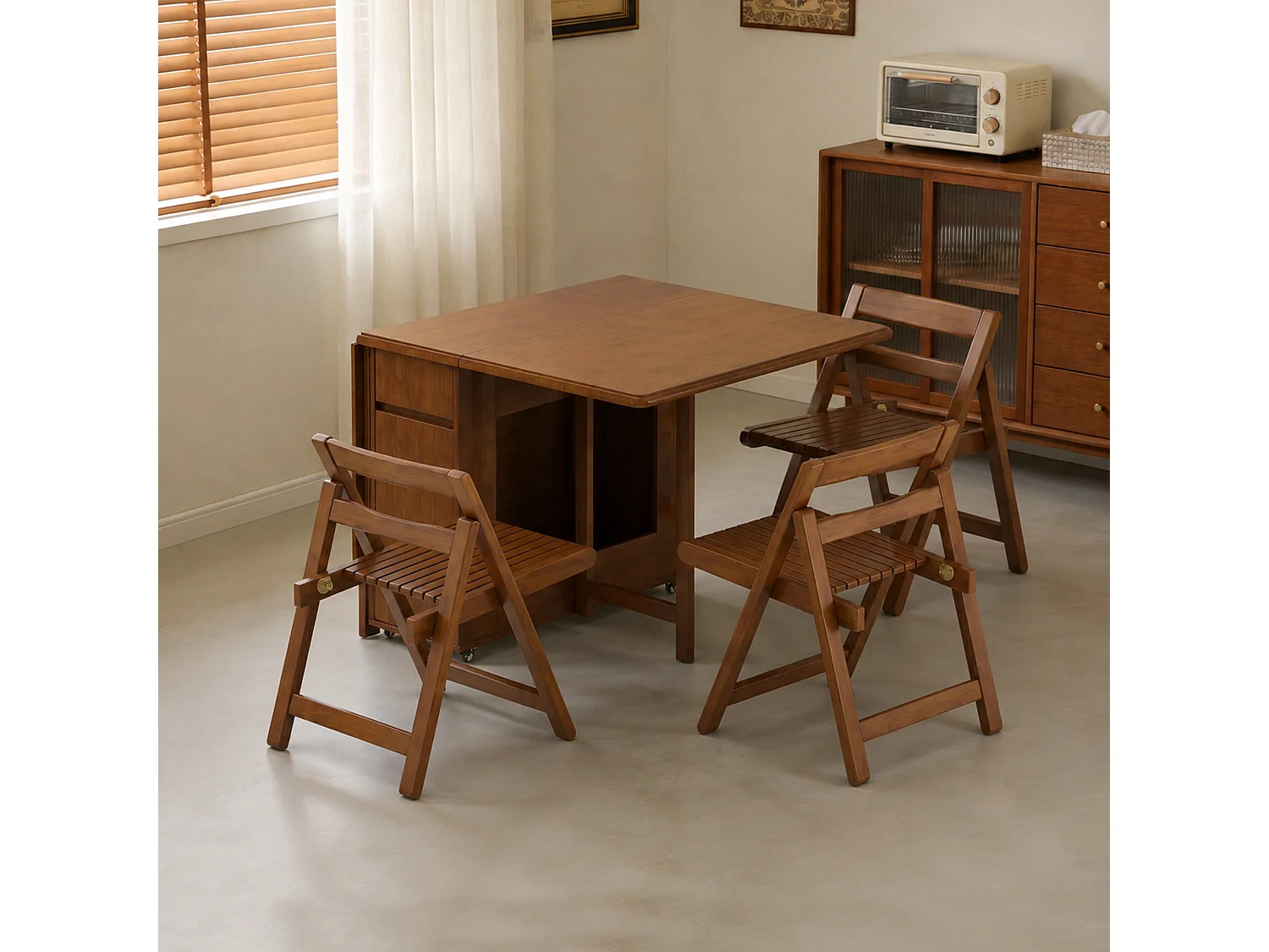 Uitschuifbare, ruimtebesparende houten keukentafel 130 cm met opbergruimte en 360° wielen, voor 2–6 personen, notenkleur, incl. 4 klapstoelen