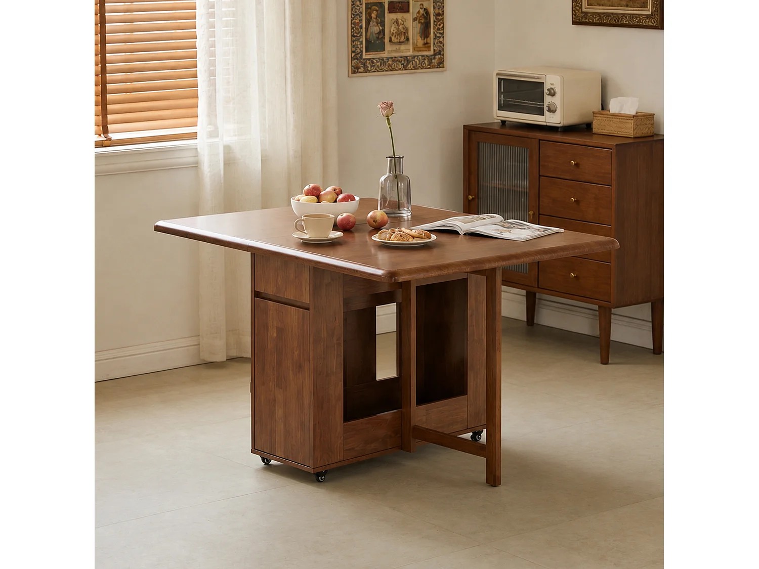 Uitschuifbare, ruimtebesparende houten keukentafel 130 cm met opbergruimte en 360° wielen, voor 2–6 personen, notenkleur, incl. 4 klapstoelen