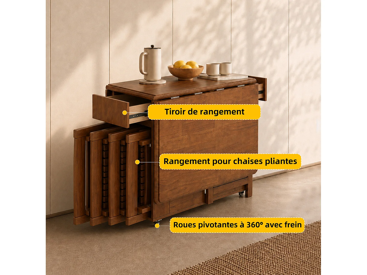 Uitschuifbare, ruimtebesparende houten keukentafel 130 cm met opbergruimte en 360° wielen, voor 2–6 personen, notenkleur, incl. 4 klapstoelen