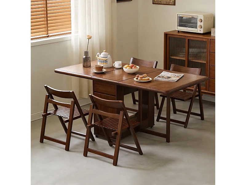 Table de cuisine 130 cm extensible en bois avec 4 chaises pliantes, avec espace de rangement et roulettes pivotantes à 360°, pour 2 à 6 personnes, noyer