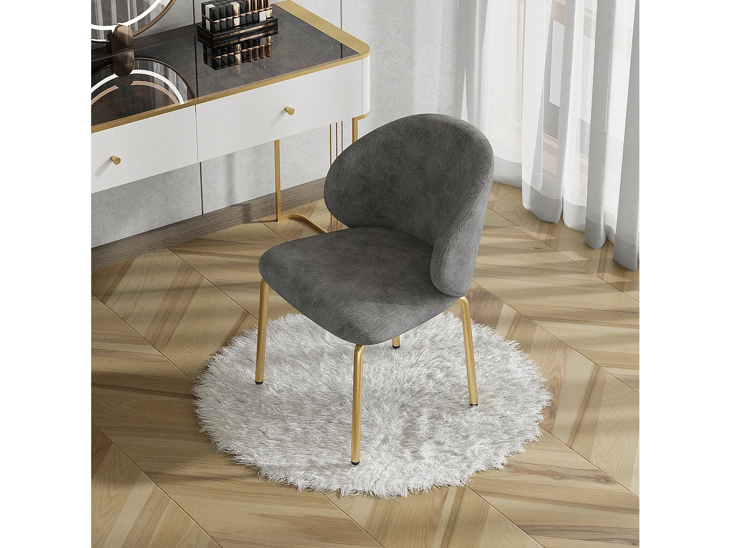 Chaise de salle à manger 47.5x56x74cm Pieds de chaise dorés Tissu chenille en gris pour salle à manger et salon