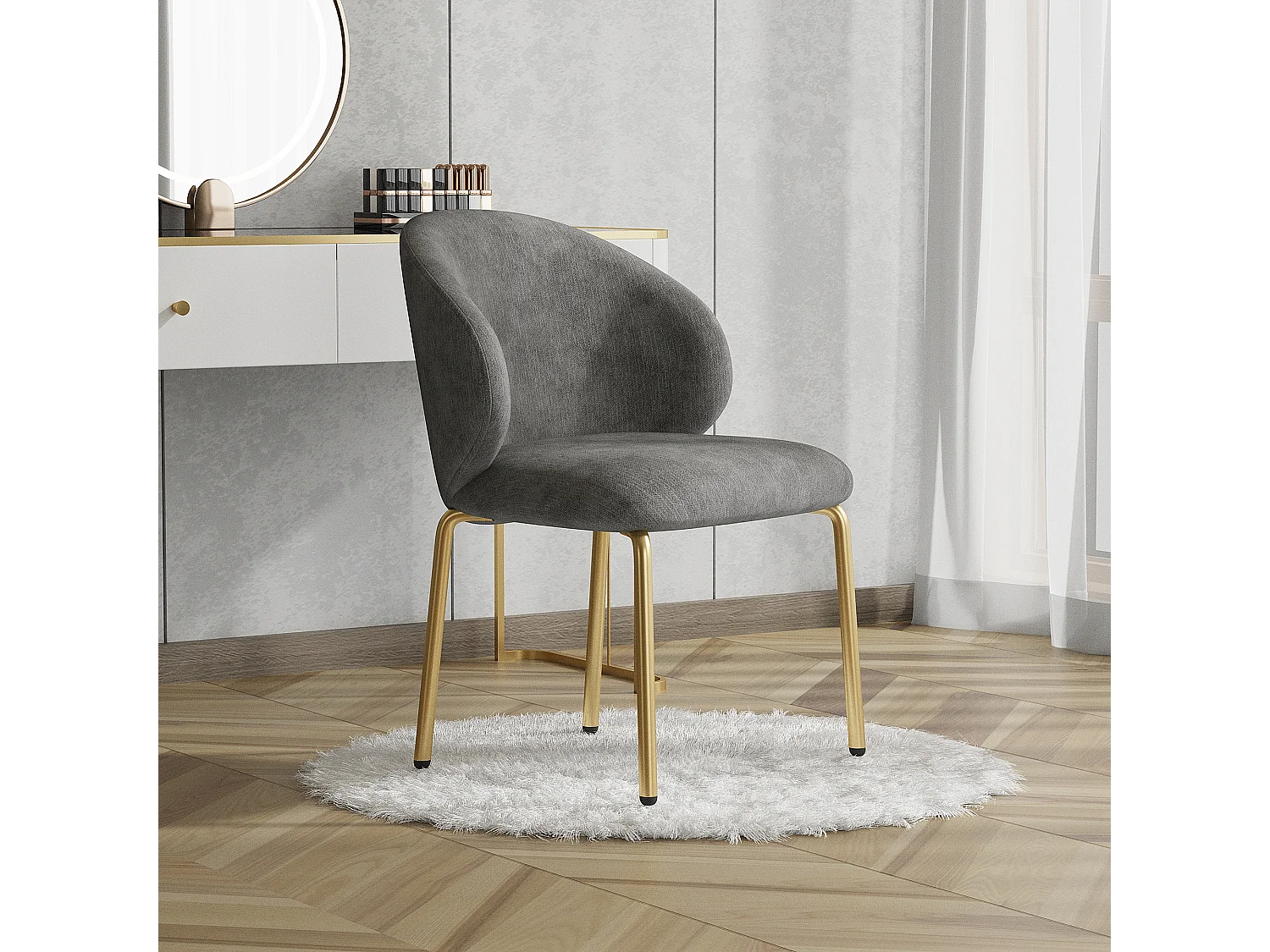 Chaise de salle à manger, assise rembourrée, pieds en fer, chenille gris