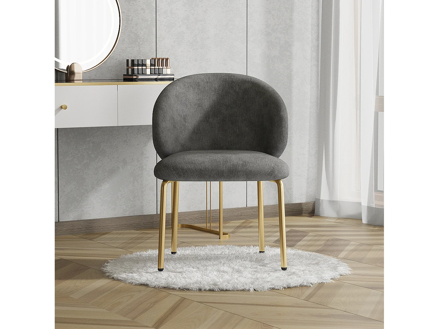 Chaise de salle à manger, assise rembourrée, pieds en fer, chenille gris