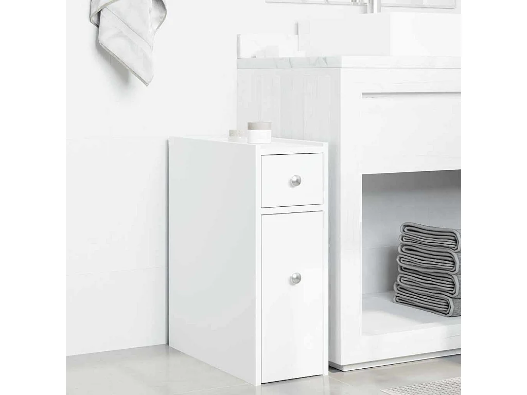 Armario de baño estrecho con ruedas madera de ingeniería blanco