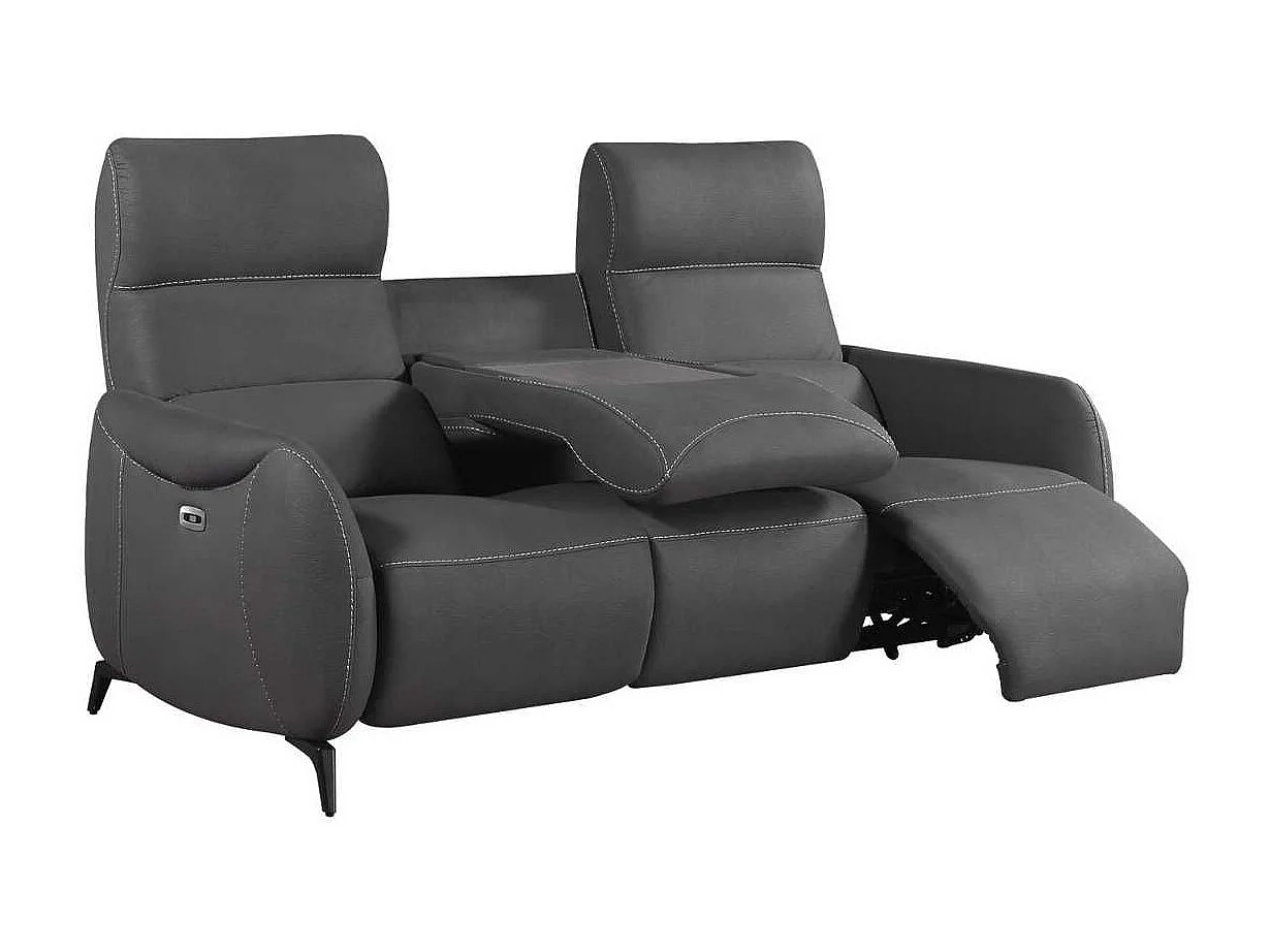 Canapé 3 places relax électrique tissu micro peau ultra doux gris foncé avec tablette centrale - SMALK