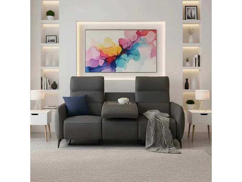 Canapé 3 places relax électrique tissu micro peau ultra doux gris foncé avec tablette centrale - SMALK