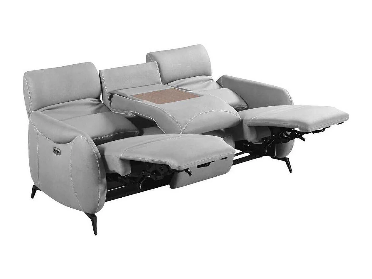 Canapé 3 places relax électrique tissu micro peau ultra doux gris clair avec tablette centrale - SMALK