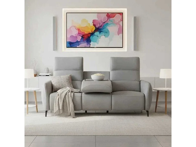 Canapé 3 places relax électrique tissu micro peau ultra doux gris clair avec tablette centrale - SMALK