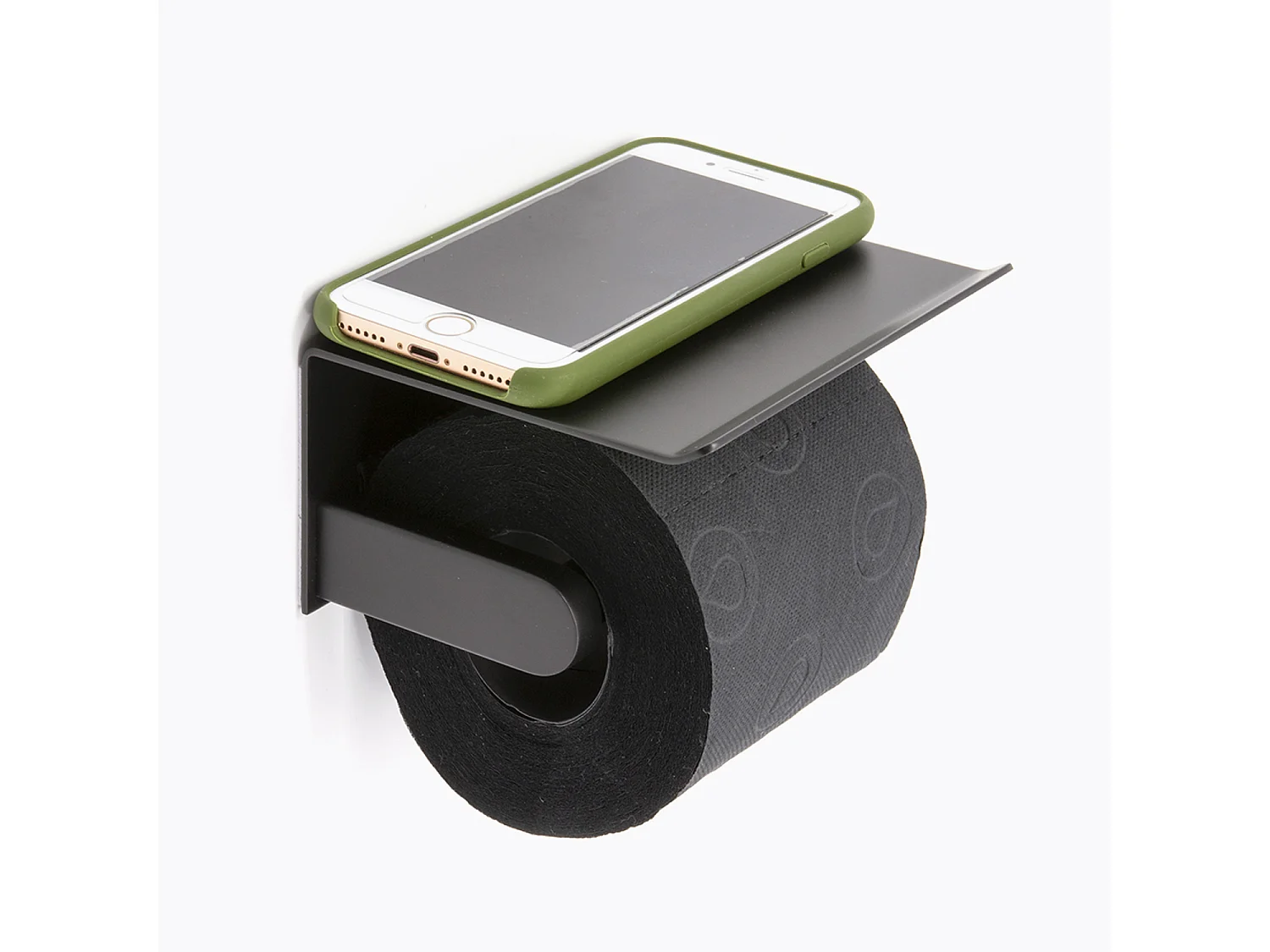 Dérouleur papier toilette tout en inox noir, belle finition matte. Avec tablette pour déposer lunettes, smartphone. - BATHBAZAAR