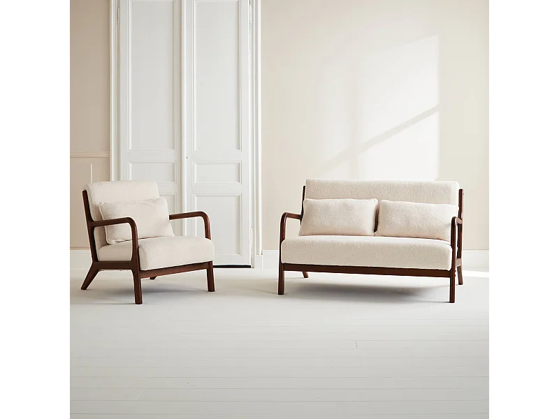 Banquette 2 places + Fauteuil bouclette en bois d'hévéa teinté noyer clair