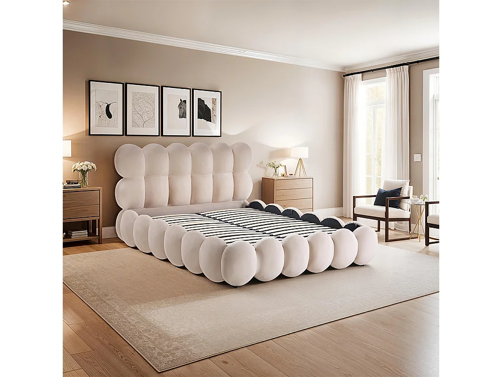 Lit coffre Megève velours beige 140x190 cm