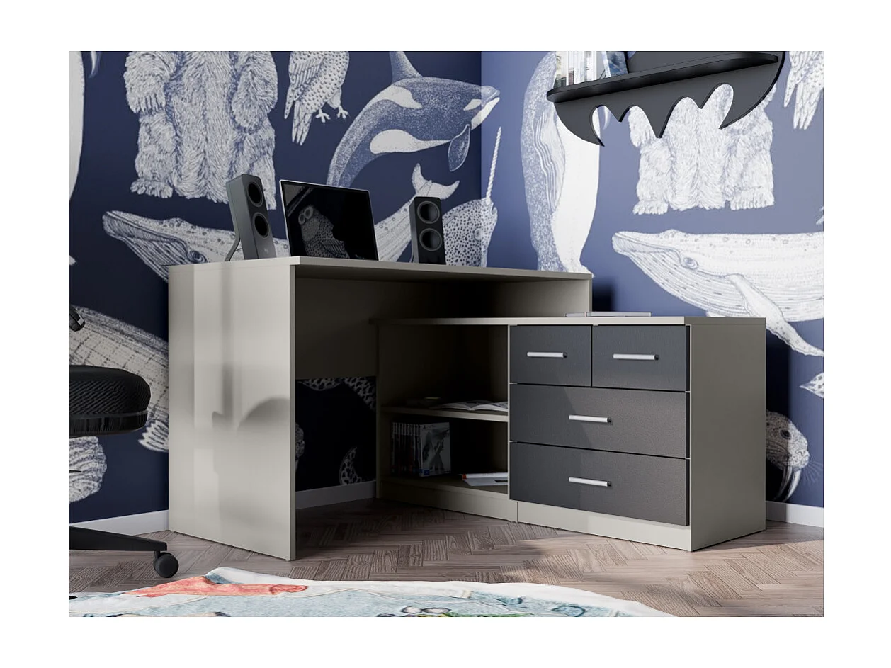 Scrivania angolare 120x120 cm con cassetti, armadietto e mensole chiusura soft – stile moderno – EMEBLAST