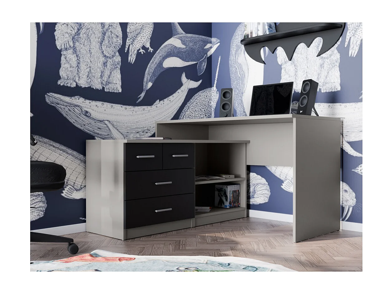 Scrivania angolare 120x120 cm con cassetti, armadietto e mensole chiusura soft – stile moderno – EMEBLAST