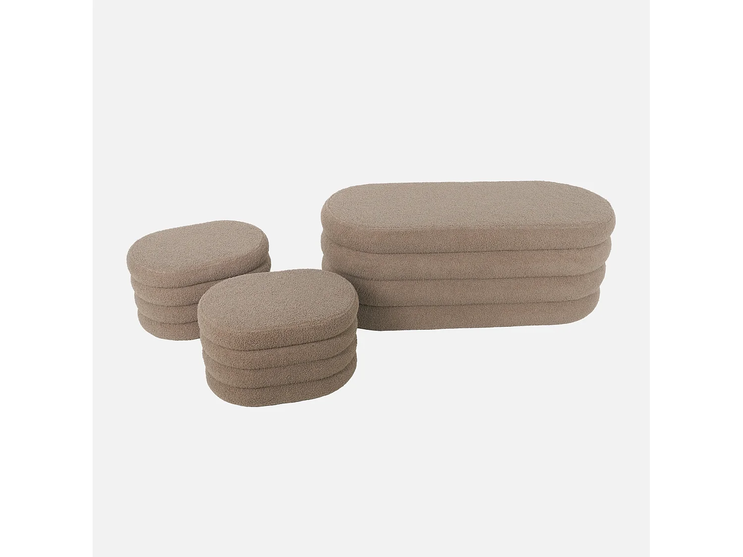 Banc coffre en bouclettes taupe avec 2 poufs ovales de rangement intégrés - L111cm
