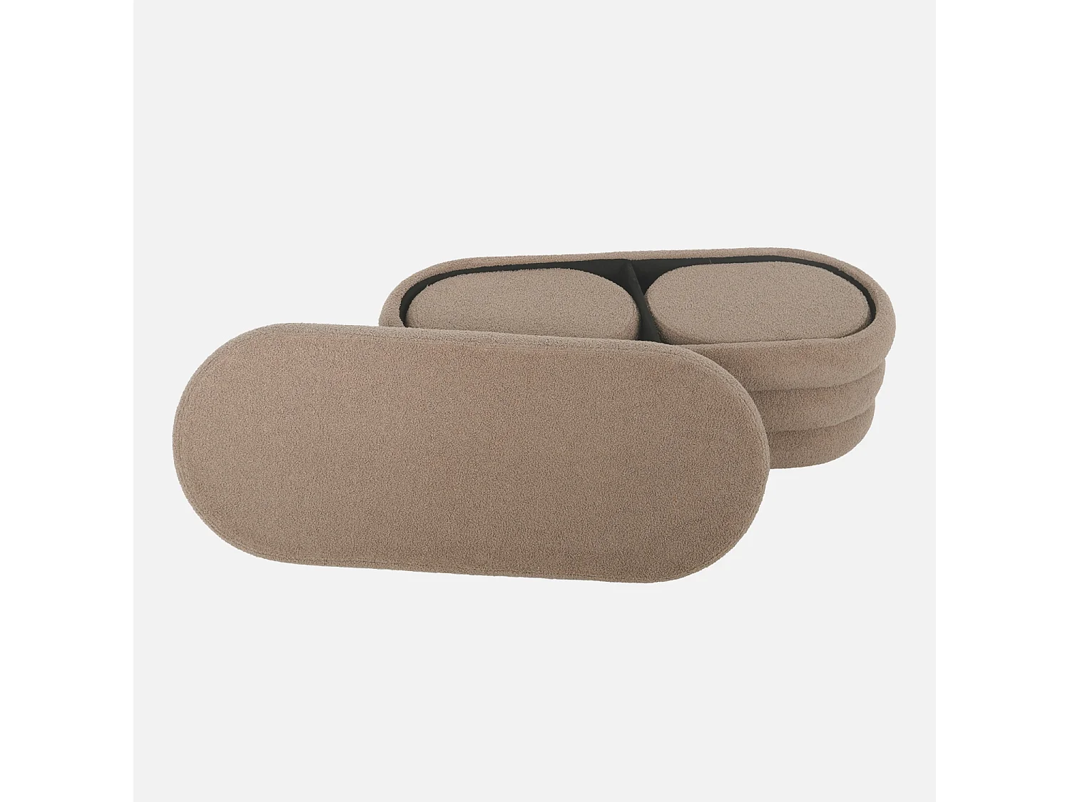 Banc coffre en bouclettes taupe avec 2 poufs ovales de rangement intégrés - L111cm