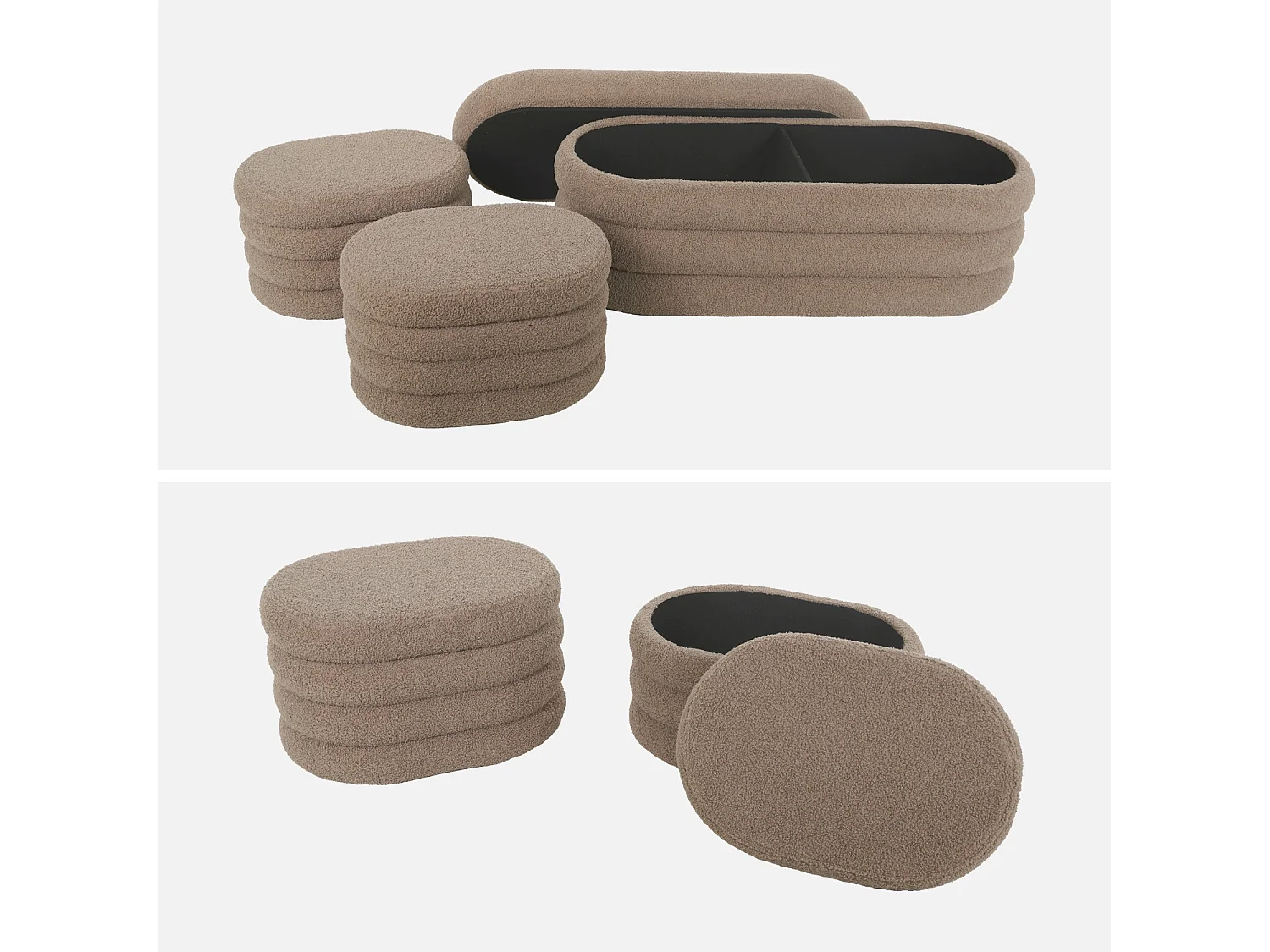 Banc coffre en bouclettes taupe avec 2 poufs ovales de rangement intégrés - L111cm