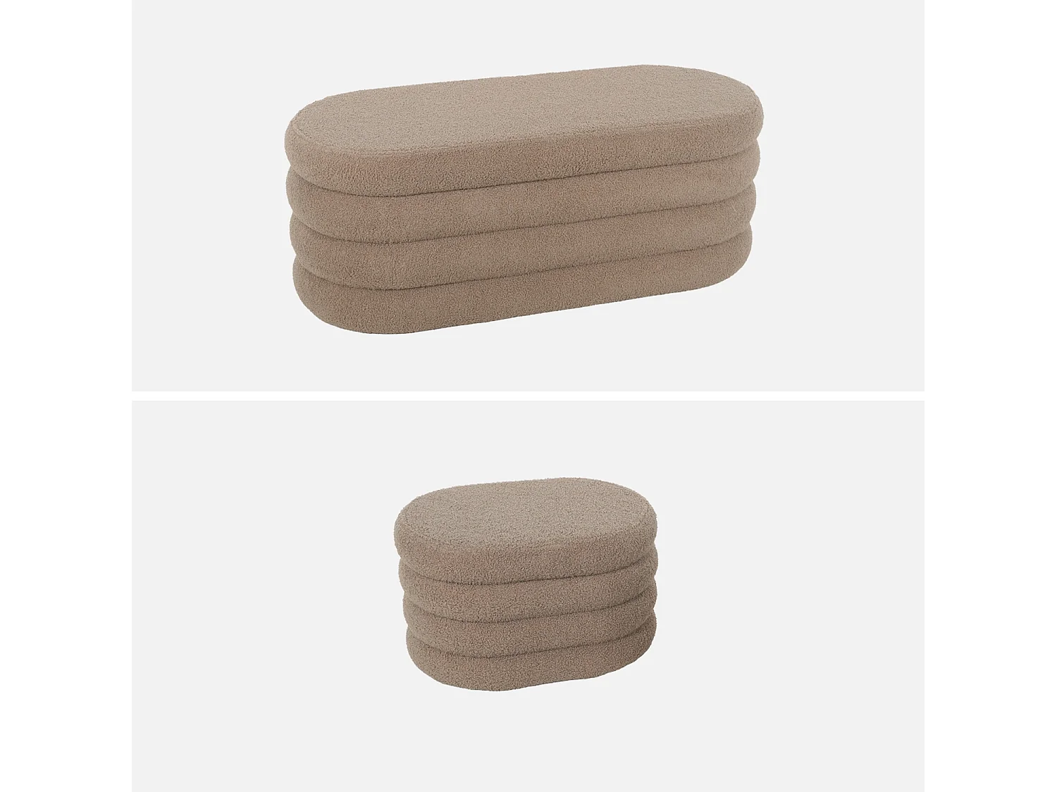 Banc coffre en bouclettes taupe avec 2 poufs ovales de rangement intégrés - L111cm