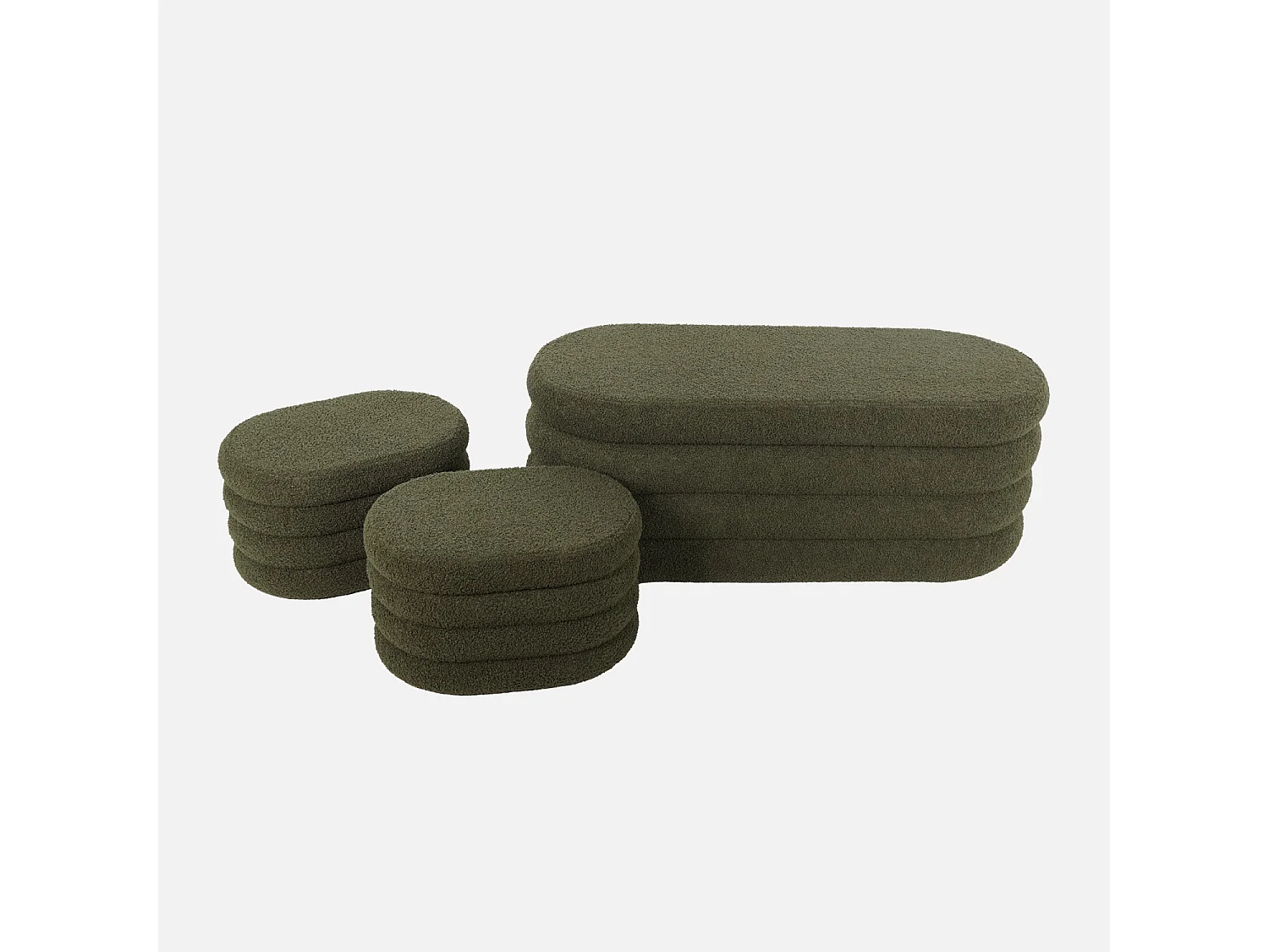 Banc coffre en bouclettes kaki avec 2 poufs ovales de rangement intégrés - L111cm