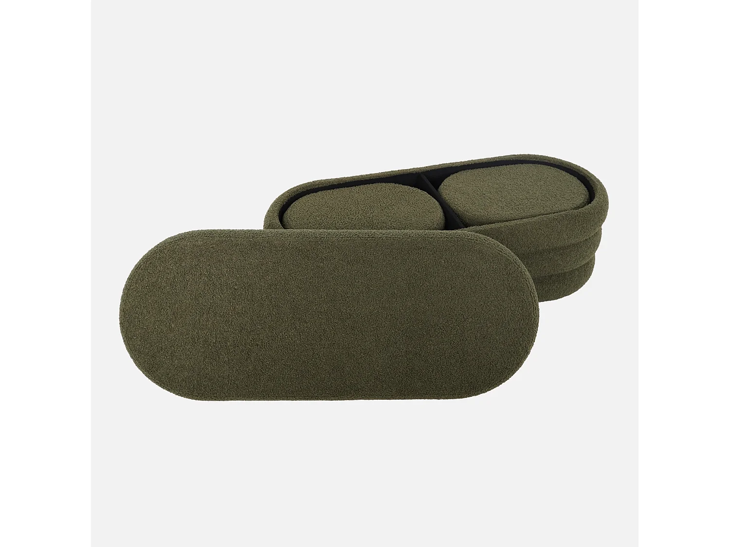 Banc coffre en bouclettes kaki avec 2 poufs ovales de rangement intégrés - L111cm