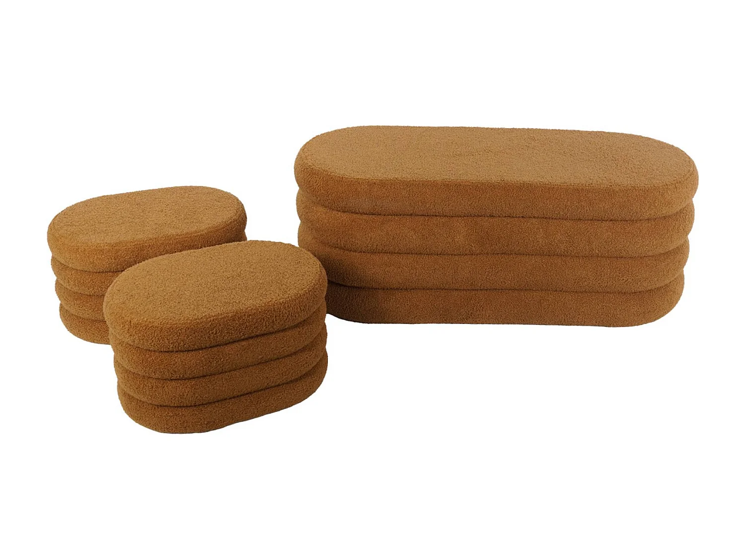 Banc coffre en bouclettes rouille avec 2 poufs ovales de rangement intégrés - L111cm