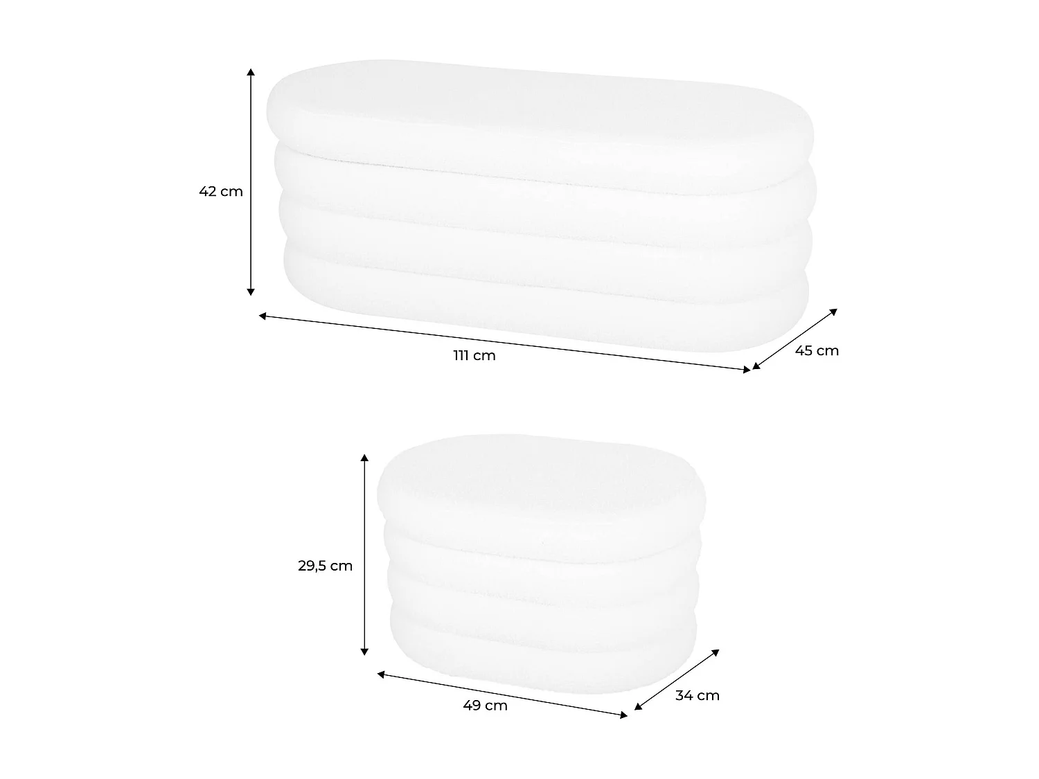 Banc coffre en bouclettes rouille avec 2 poufs ovales de rangement intégrés - L111cm