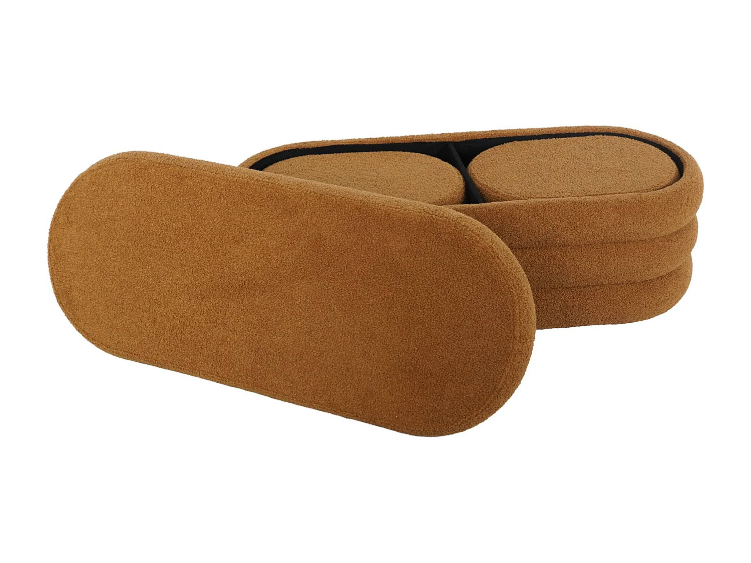 Banc coffre en bouclettes rouille avec 2 poufs ovales de rangement intégrés - L111cm