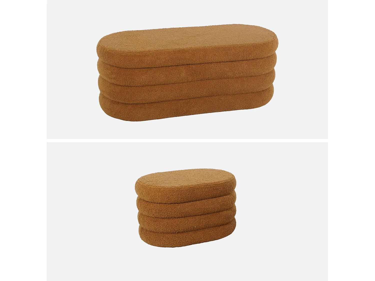 Banc coffre en bouclettes rouille avec 2 poufs ovales de rangement intégrés - L111cm