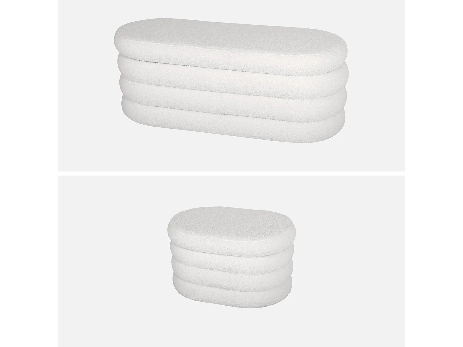 Banc coffre en bouclettes blanches avec 2 poufs ovales de rangement intégrés - L111cm