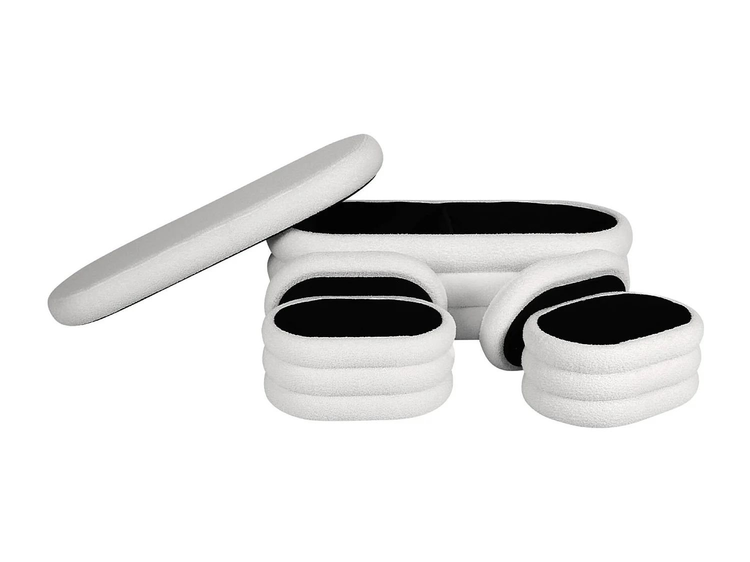 Banc coffre en bouclettes blanches avec 2 poufs ovales de rangement intégrés - L111cm