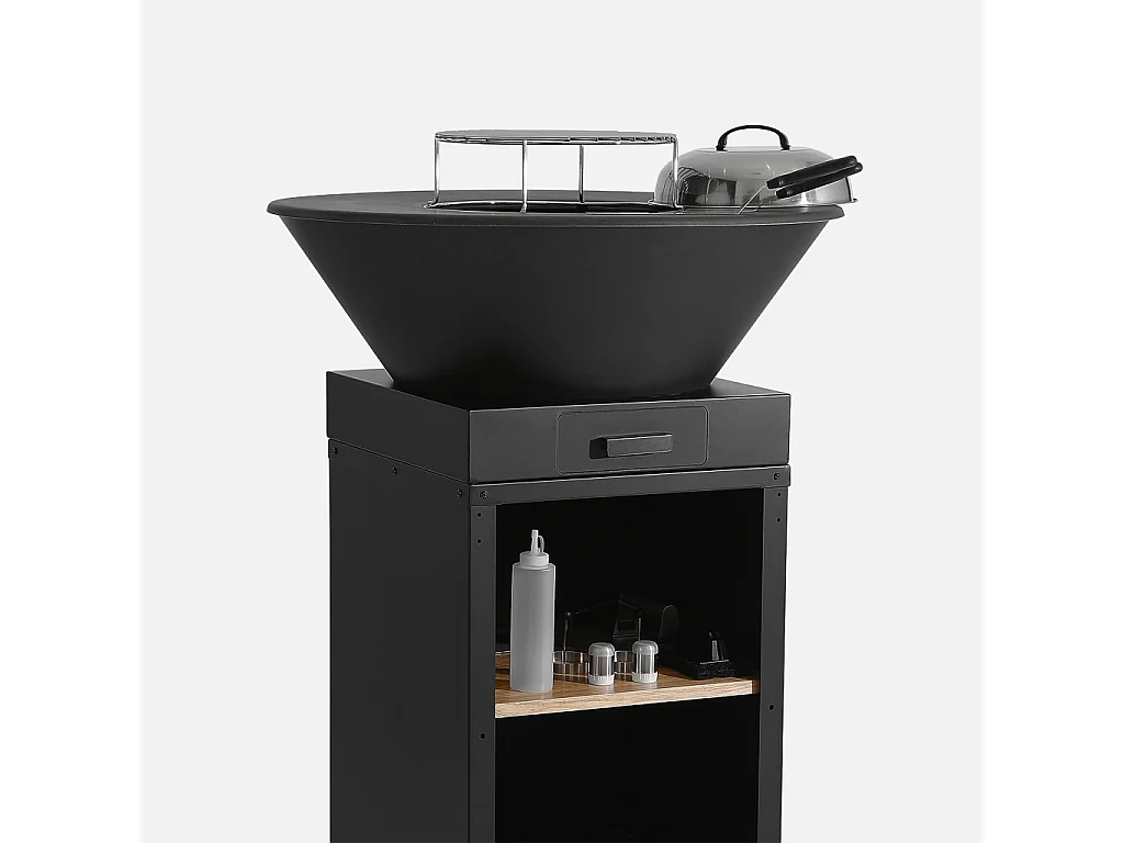 Brasero barbacoa con parrilla de cocción, espacio de almacenamiento,