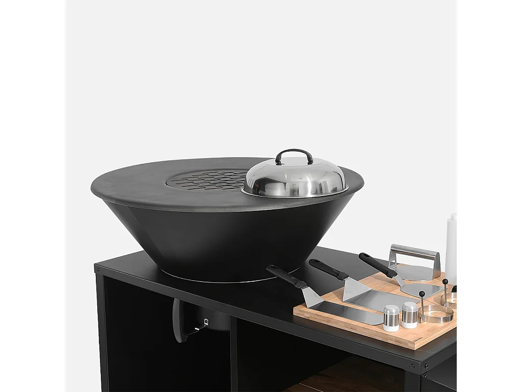 Brasero barbacoa, carrito con espacios de almacenamiento, tapa y