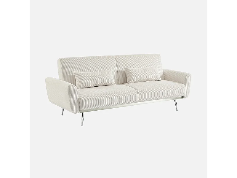 Canapé convertible design en velours côtelé blanc - Oskar - 3 places scandinave droit avec pieds métal chromé