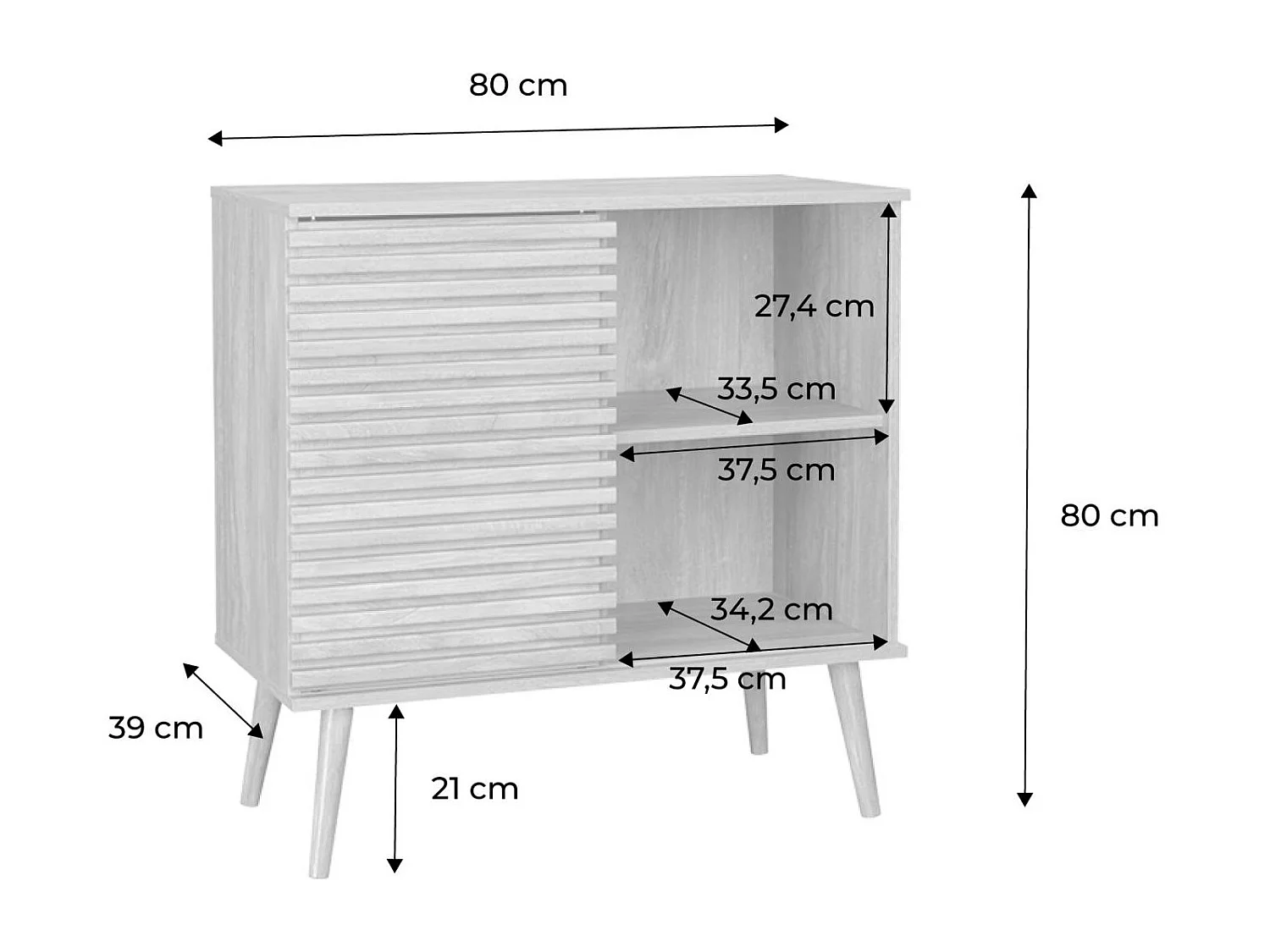 Buffet scandinave décor bois. buffet haut. vaisselier. avec 1 porte coulissante rainurée et 2 étagères 80cm