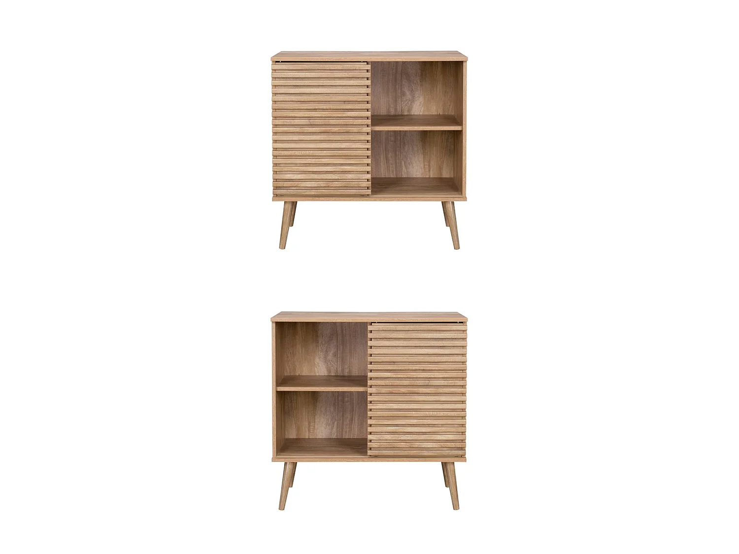 Credenza scandinava effetto legno e anta scorrevole scanalata, 80cm Marrone naturale - 80x39x80 cm
