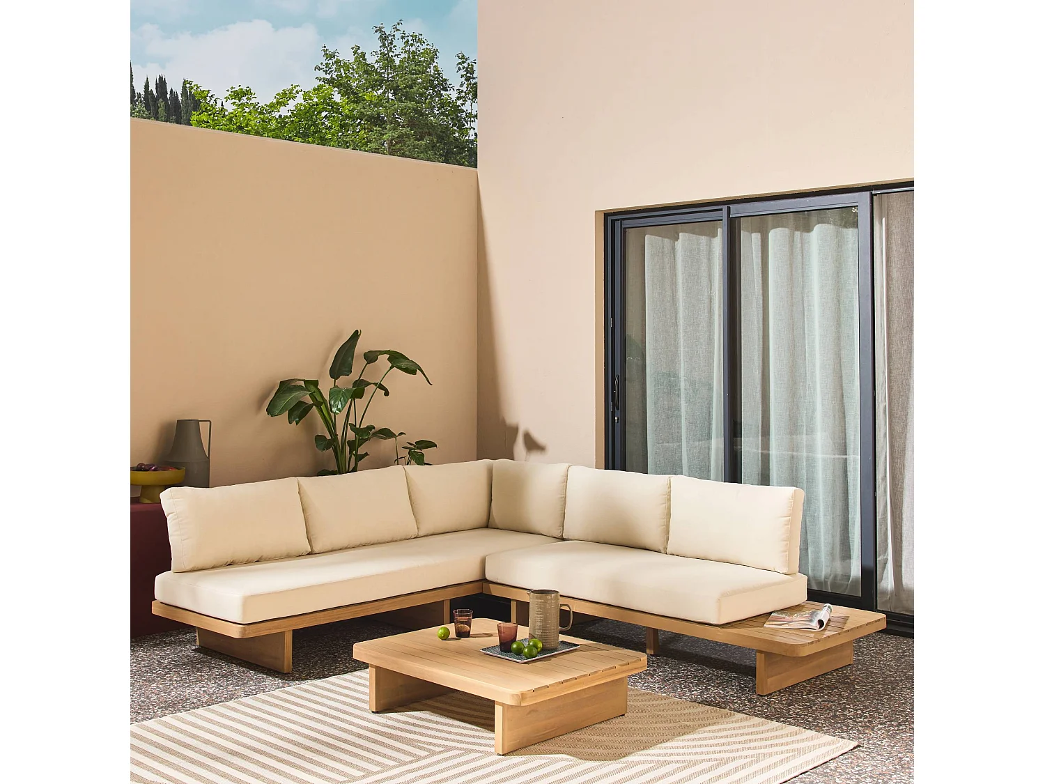 Salon de jardin d'angle bois d'acacia 5 places beige - Zenzu