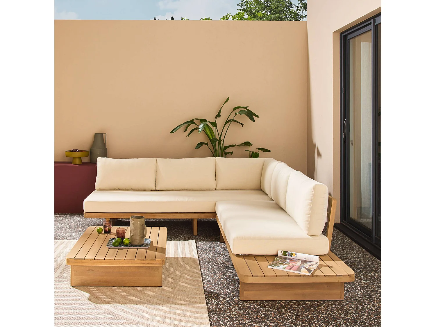 Salon de jardin d'angle bois d'acacia 5 places beige - Zenzu