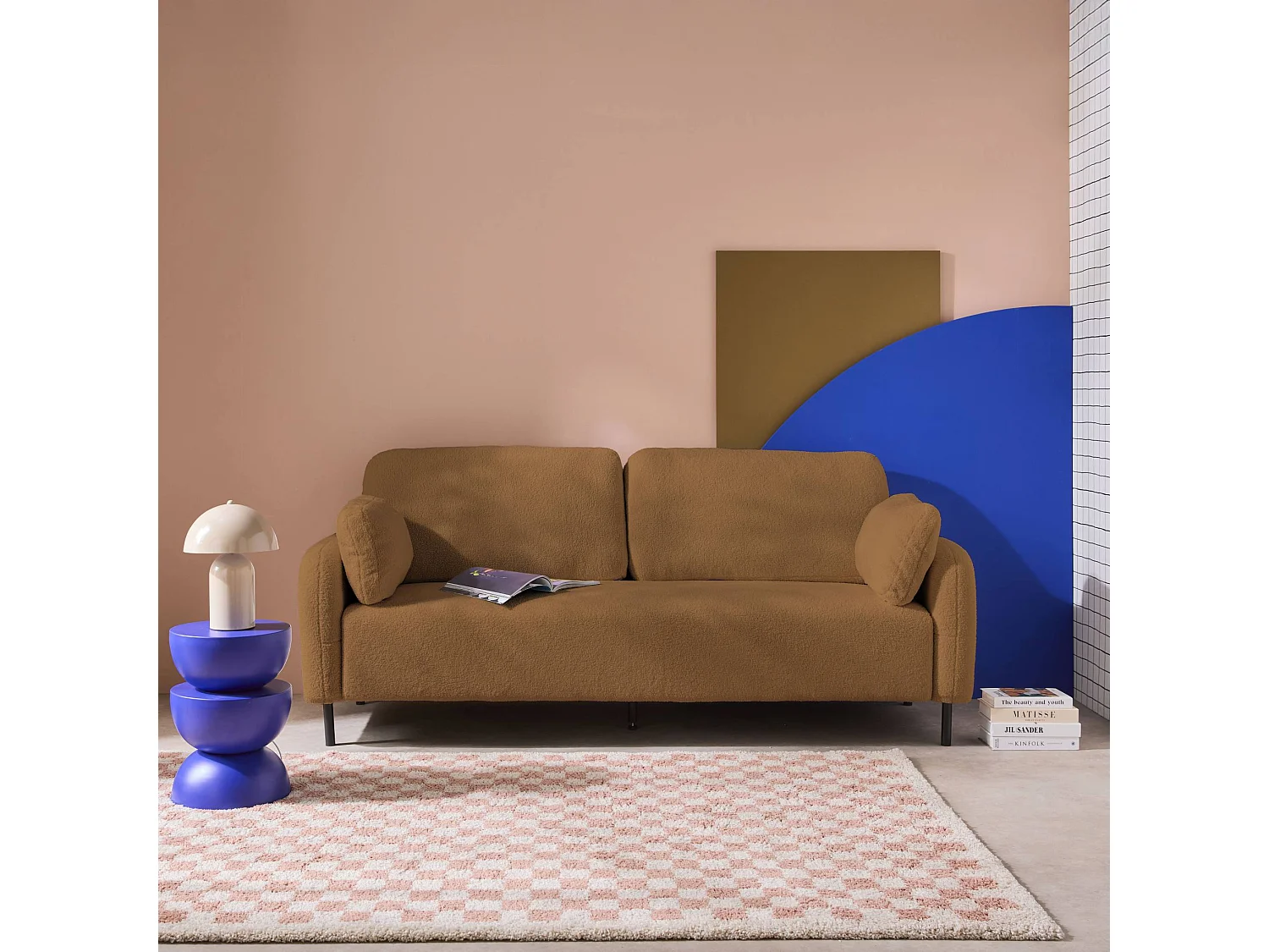 Divano in bouclé con struttura in metallo, 3 posti, beige scuro