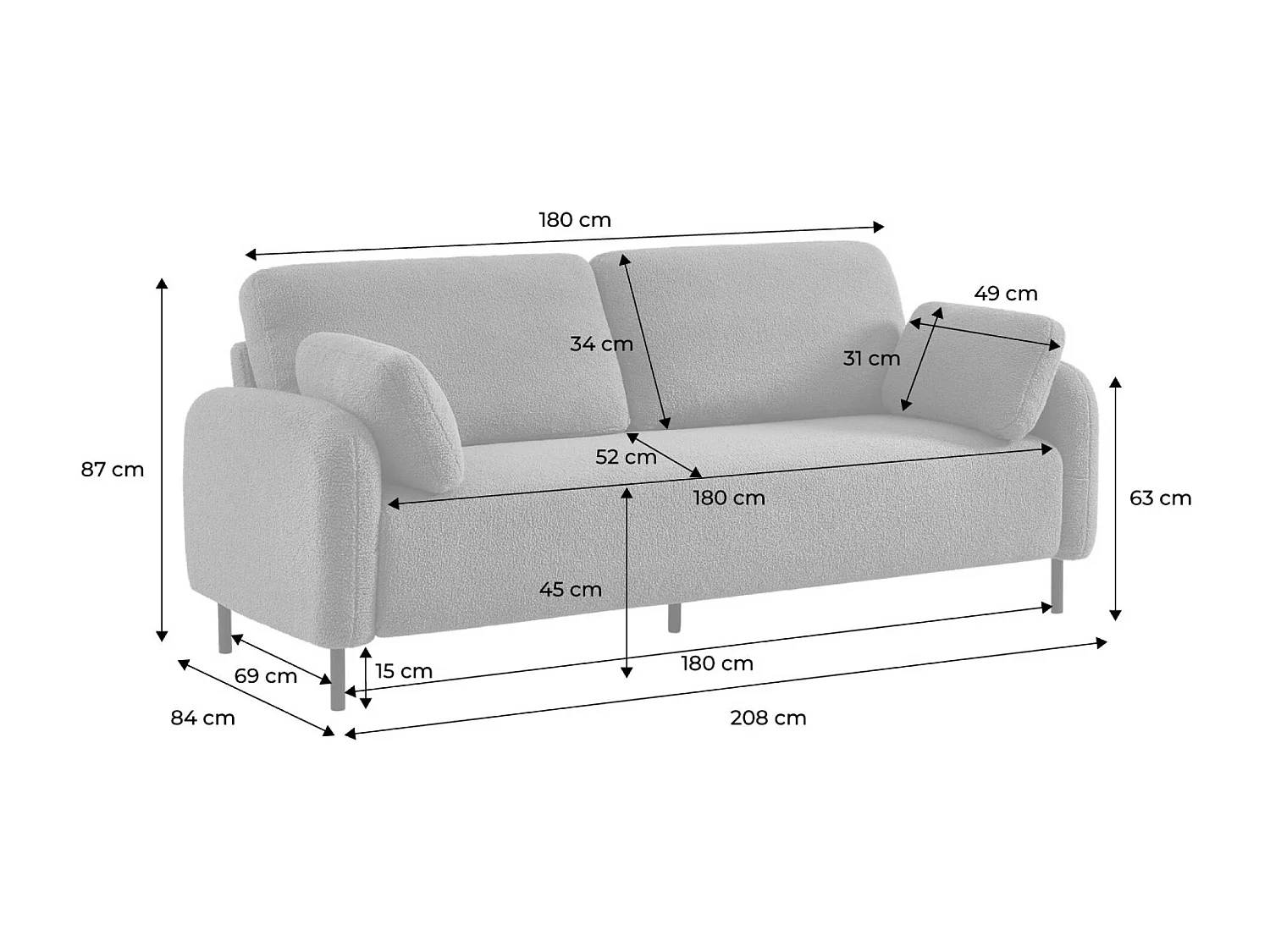 Divano in bouclé con struttura in metallo, 3 posti, beige scuro