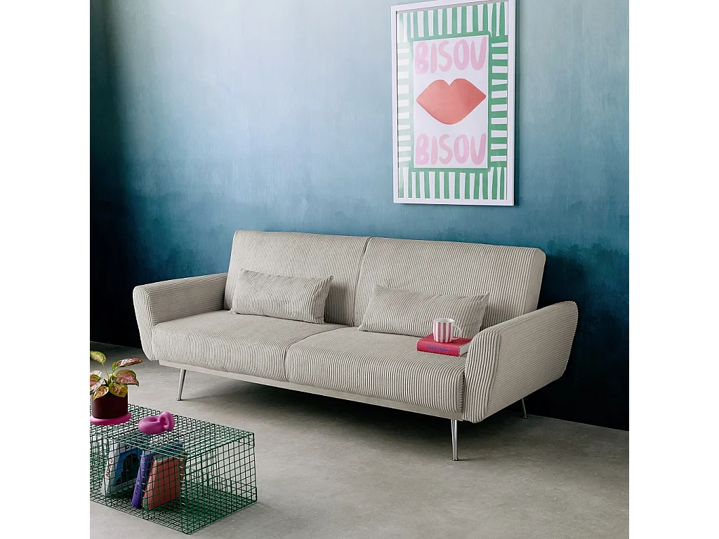 Canapé convertible design en velours côtelé gris clair - Oskar - 3 places scandinave droit avec pieds métal chromé