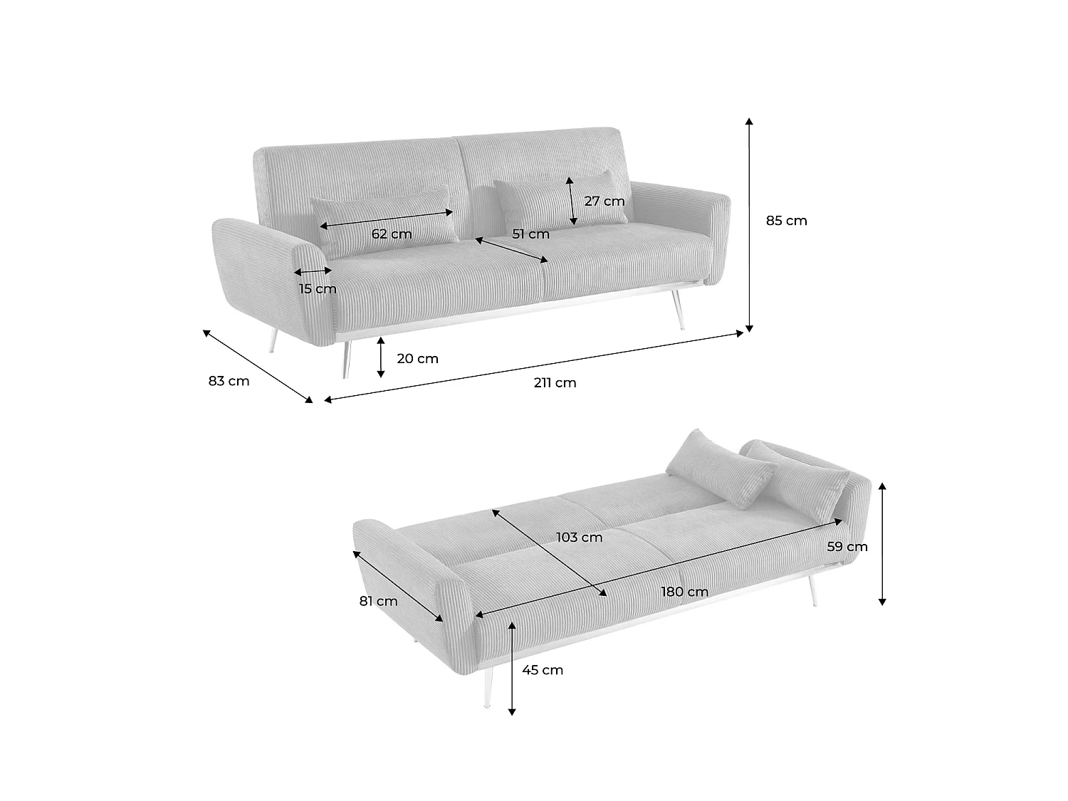 Canapé convertible design en velours côtelé gris clair - Oskar - 3 places scandinave droit avec pieds métal chromé