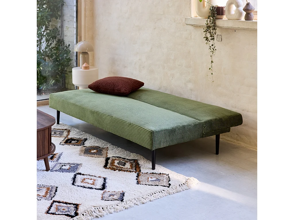 Canapé banquette convertible 3 places velours côtelé kaki piétement métal L 180 x P 100 x H 74.5 cm - Max