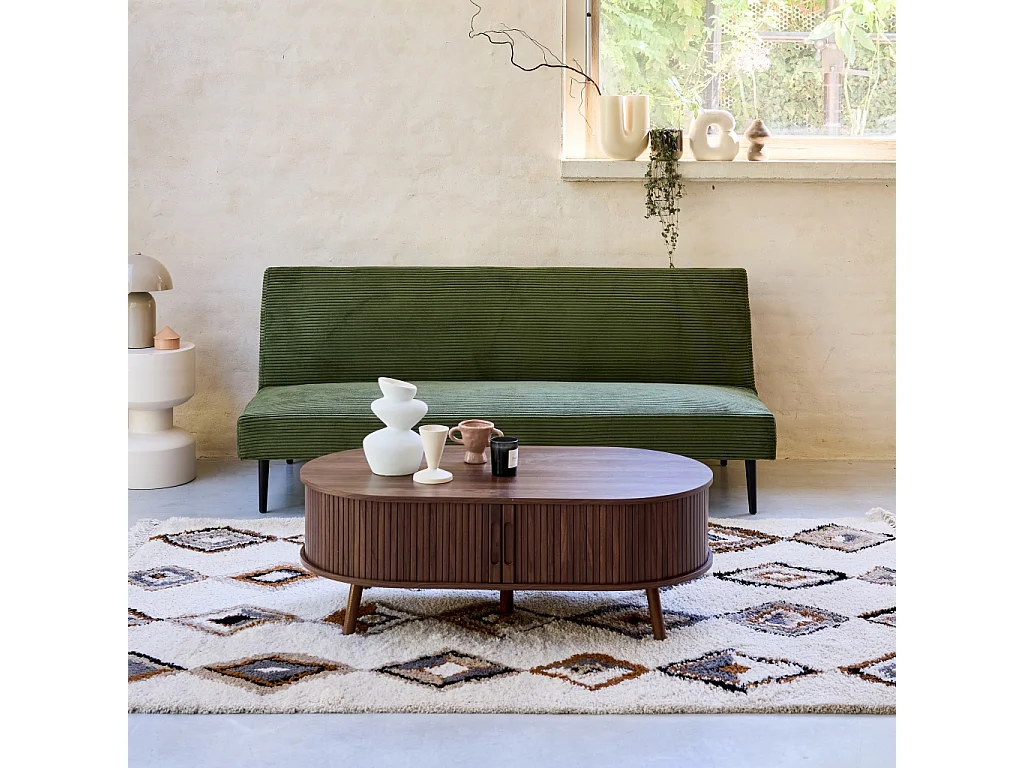 Canapé banquette convertible 3 places velours côtelé kaki piétement métal L 180 x P 100 x H 74.5 cm - Max