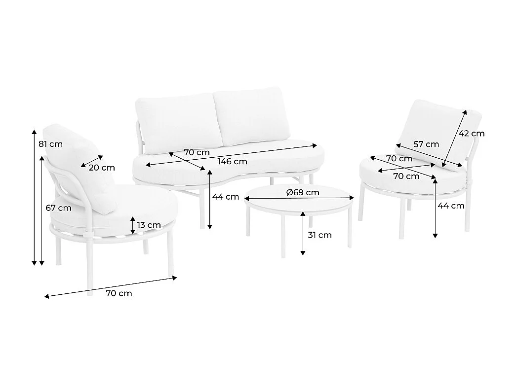 Set giardino in alluminio e tessuto, 4 posti, beige