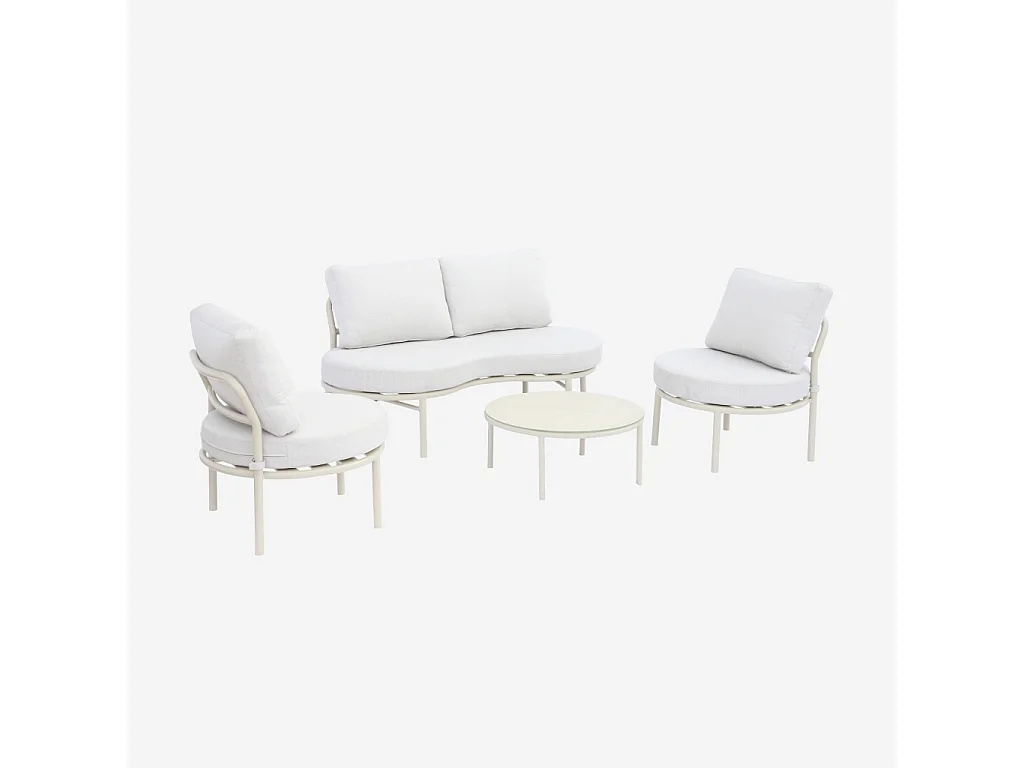 Salon de jardin aluminium et tissu beige 4 places. forme organique. table ronde - Solena